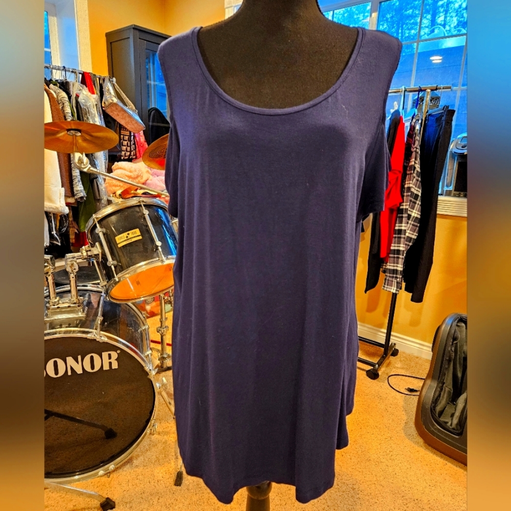 JM Collection Women's Dark Blue Cold Shoulder Shirt Size Large